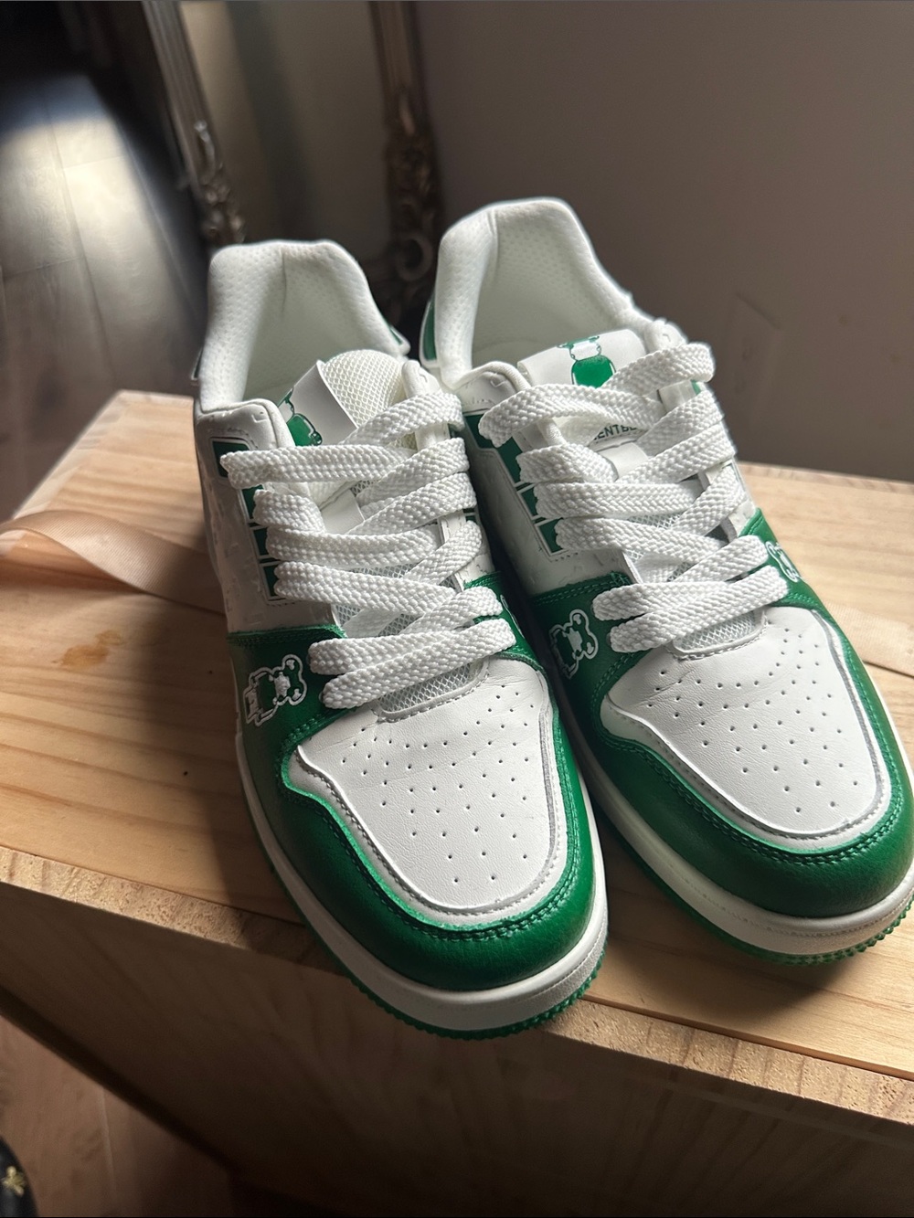 Kids White and Green Low-Top Sneakers